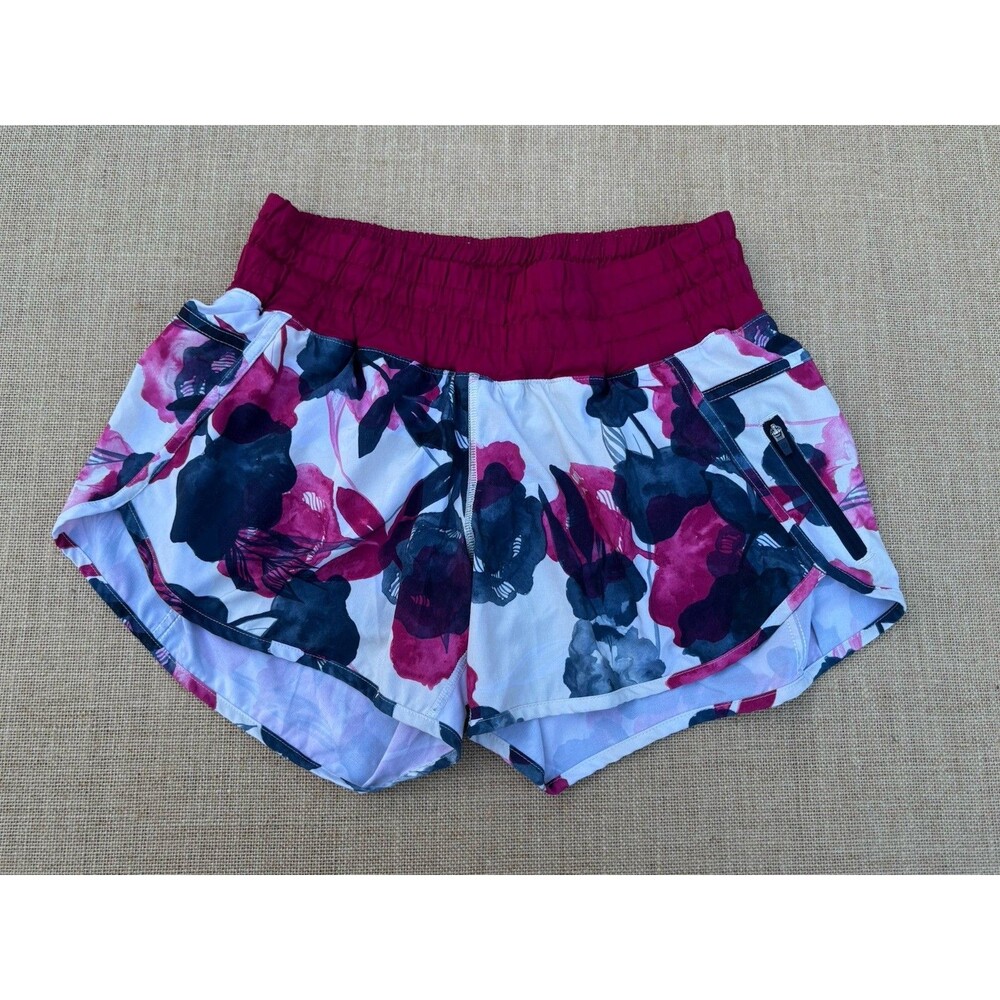 Lululemon Floral Red Track That High Rise Running Shorts Zip Pocket Sz 8